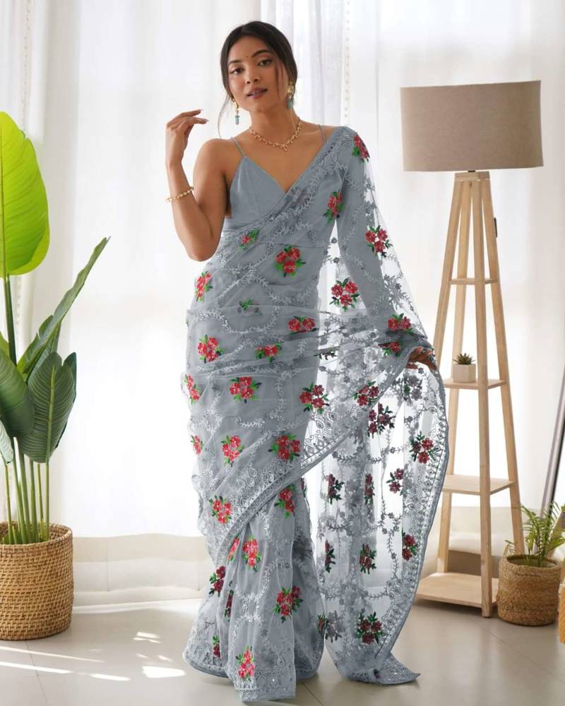 Grey net embroidered aari work heavy look ethnic saree with blouse