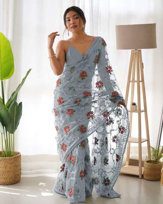 Grey net embroidered aari work heavy look ethnic saree with blouse 1