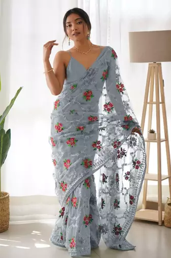 Grey net embroidered aari work heavy look ethnic saree with blouse