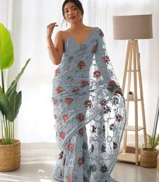 Grey net embroidered aari work heavy look ethnic saree with blouse