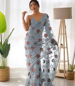 Grey net embroidered aari work heavy look ethnic saree with blouse