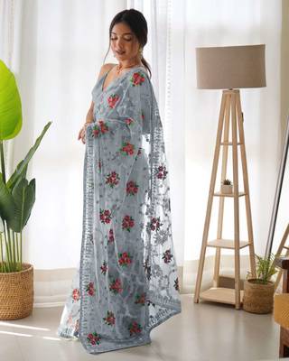 Grey net embroidered aari work heavy look ethnic saree with blouse 2