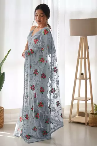 Grey net embroidered aari work heavy look ethnic saree with blouse