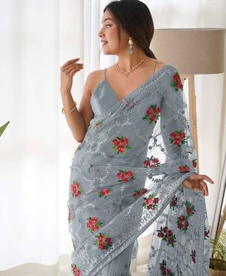 Grey net embroidered aari work heavy look ethnic saree with blouse 3