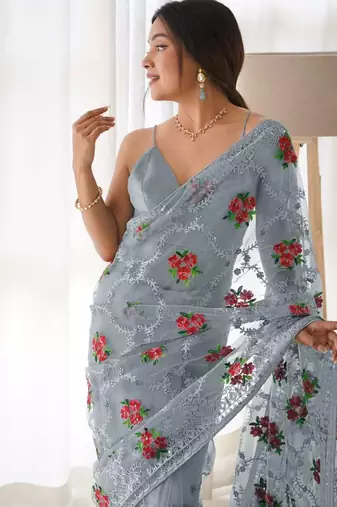 Grey net embroidered aari work heavy look ethnic saree with blouse