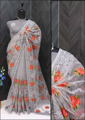 Grey net embroidered aari work heavy look ethnic saree with blouse 4