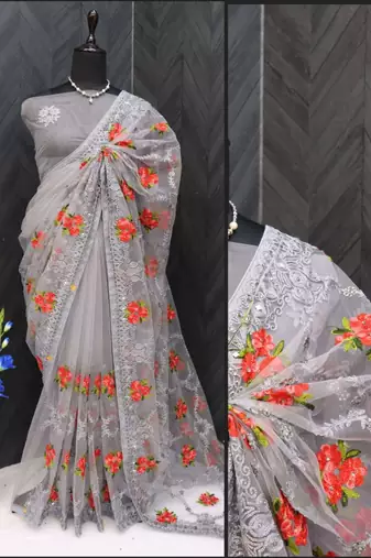 Grey net embroidered aari work heavy look ethnic saree with blouse