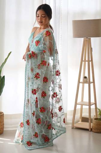 Blue net embroidered aari work heavy look ethnic saree with blouse