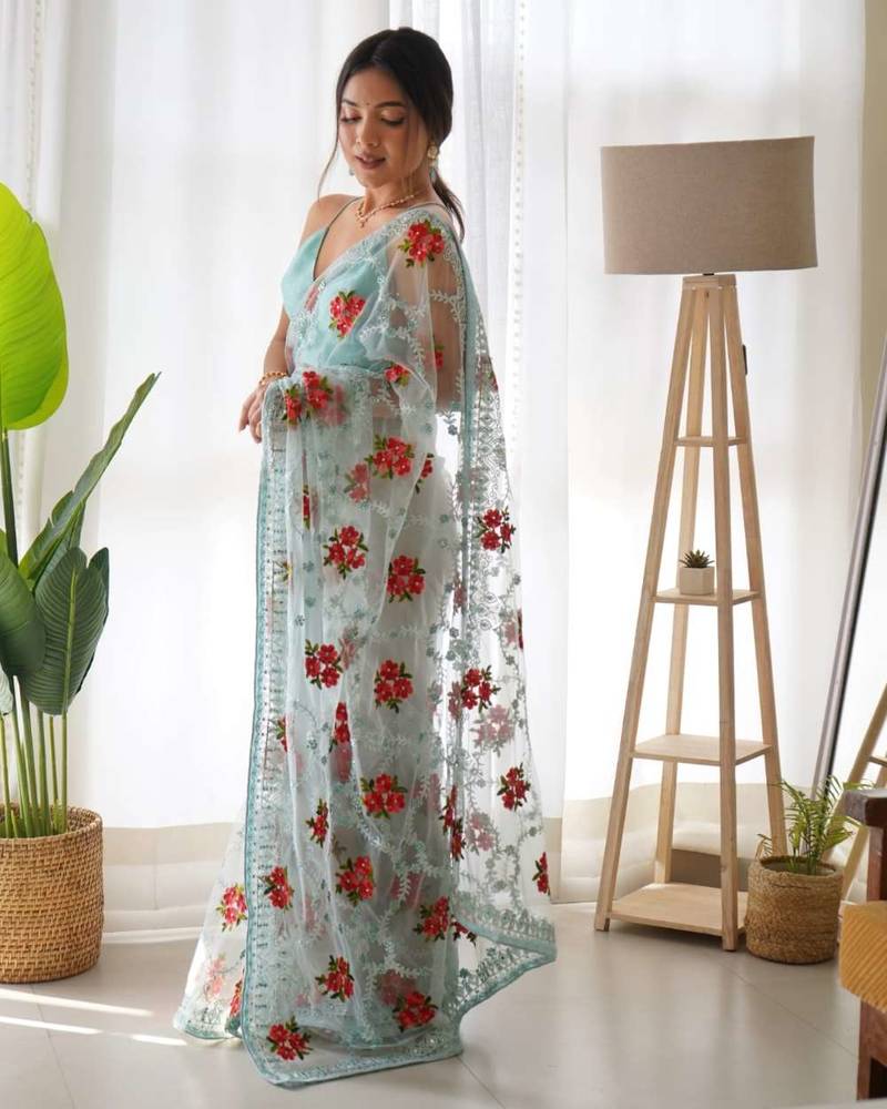 Blue net embroidered aari work heavy look ethnic saree with blouse
