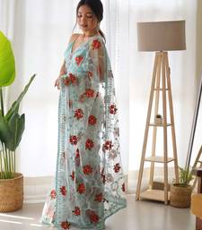 Blue net embroidered aari work heavy look ethnic saree with blouse