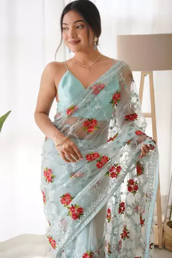 Blue net embroidered aari work heavy look ethnic saree with blouse