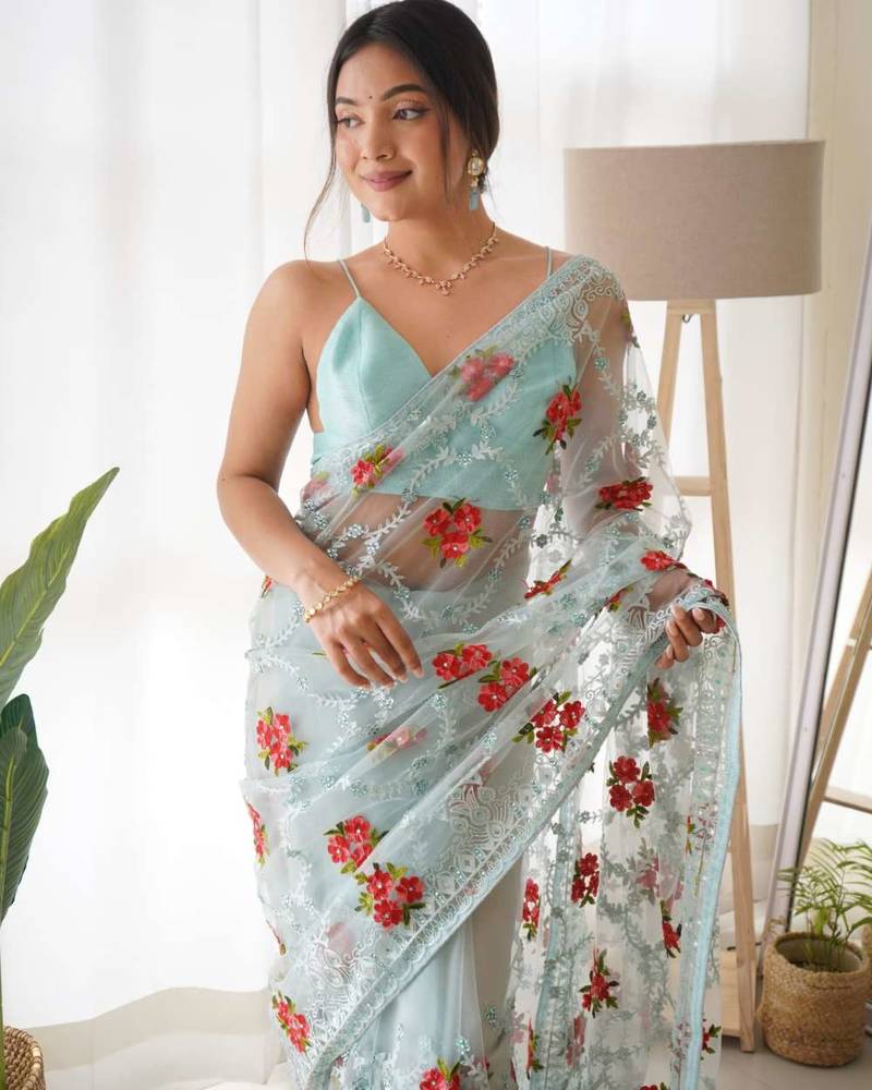 Blue net embroidered aari work heavy look ethnic saree with blouse