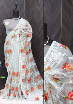 Blue net embroidered aari work heavy look ethnic saree with blouse 3