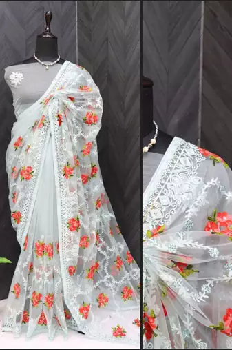 Blue net embroidered aari work heavy look ethnic saree with blouse