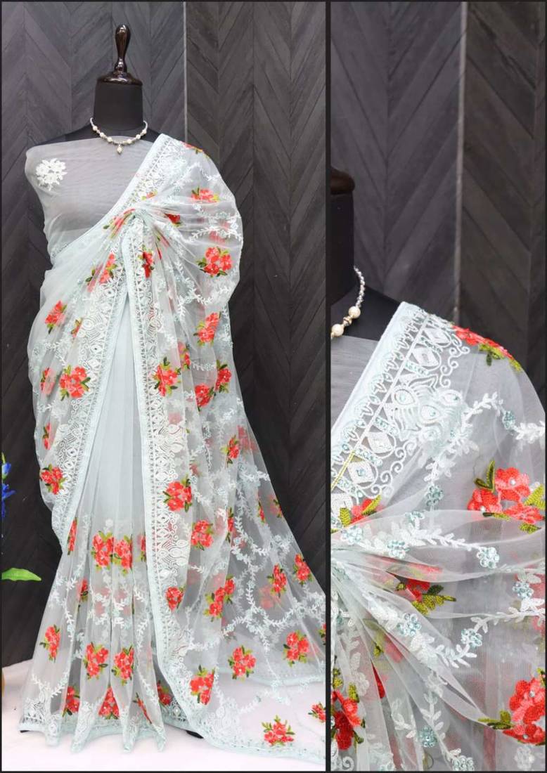 Blue net embroidered aari work heavy look ethnic saree with blouse