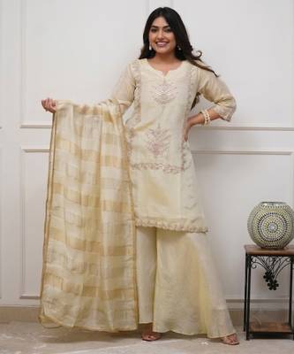 Cream chinon silk blend embroidery kurta sharara set with jacquard silk blend dupatta 1