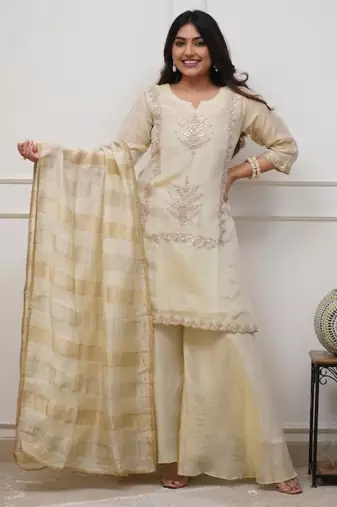 Cream chinon silk blend embroidery kurta sharara set with jacquard silk blend dupatta
