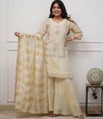Cream chinon silk blend embroidery kurta sharara set with jacquard silk blend dupatta