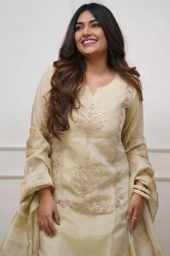 Cream chinon silk blend embroidery kurta sharara set with jacquard silk blend dupatta