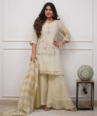 Cream chinon silk blend embroidery kurta sharara set with jacquard silk blend dupatta 3