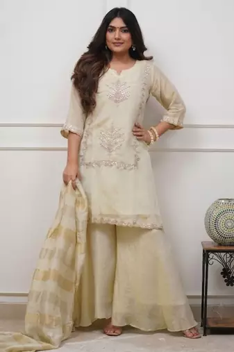 Cream chinon silk blend embroidery kurta sharara set with jacquard silk blend dupatta