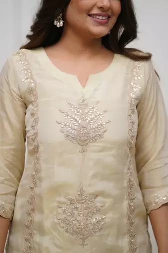 Cream chinon silk blend embroidery kurta sharara set with jacquard silk blend dupatta