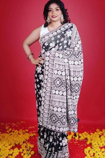 Black faux georgette embroidered thread work heavy look ethnic saree with blouse