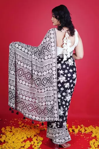 Black faux georgette embroidered thread work heavy look ethnic saree with blouse