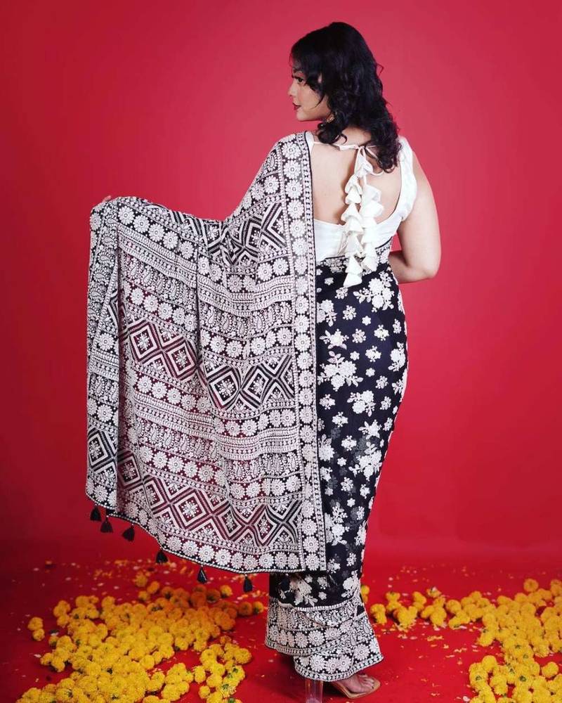 Black faux georgette embroidered thread work heavy look ethnic saree with blouse