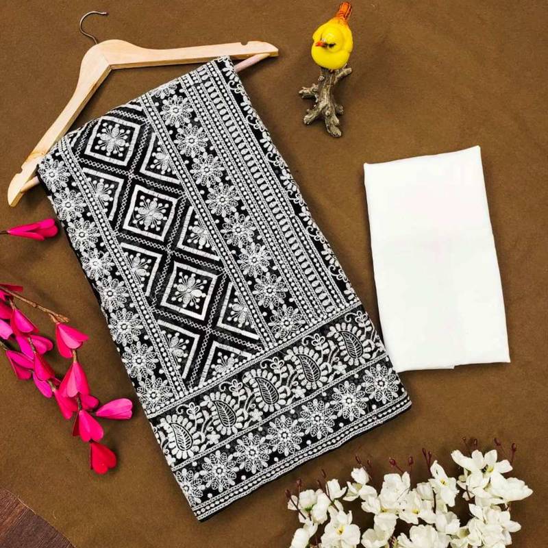 Black faux georgette embroidered thread work heavy look ethnic saree with blouse