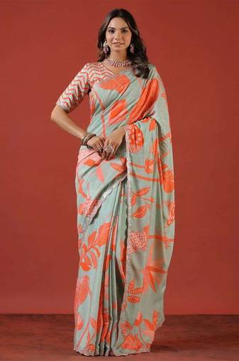 Sea green silk embroidered sequins work heavy look ethnic saree with blouse