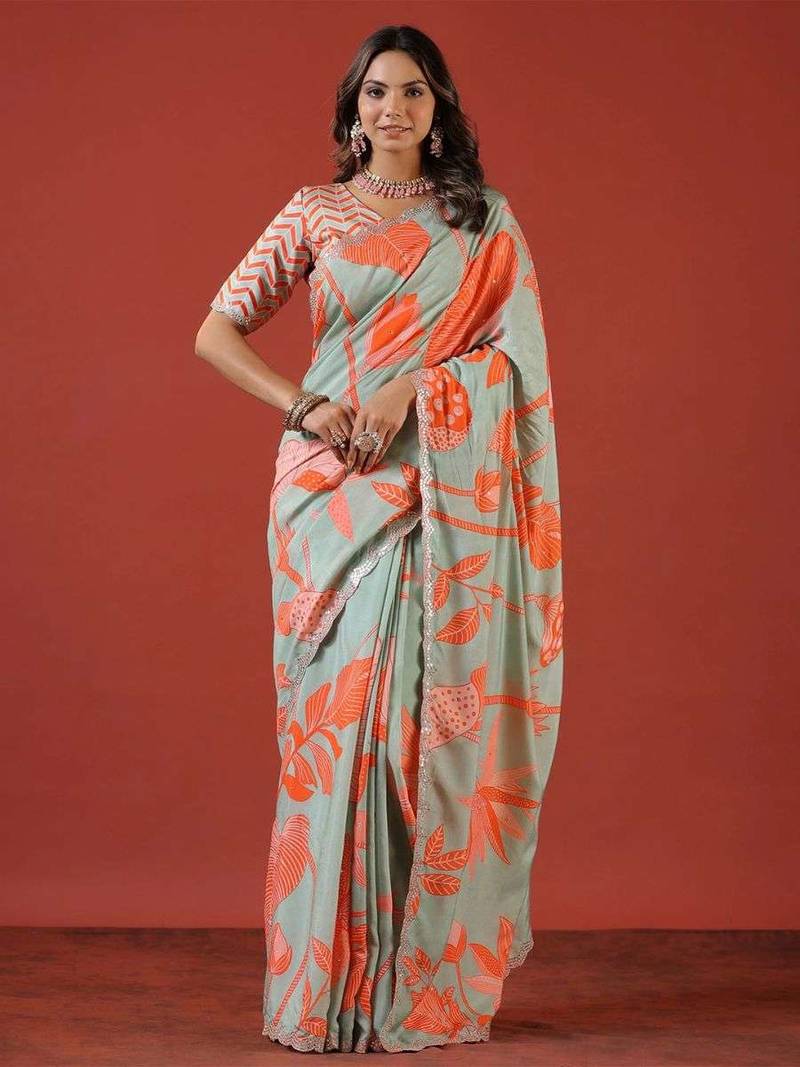 Sea green silk embroidered sequins work heavy look ethnic saree with blouse
