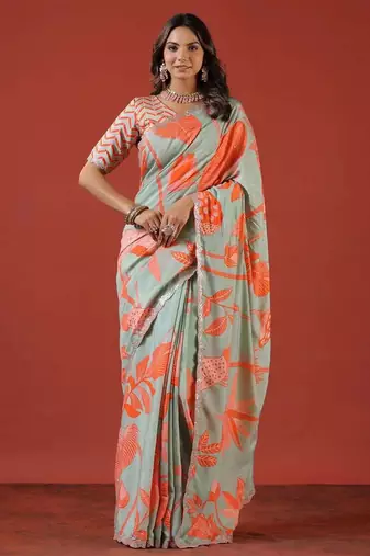 Sea green silk embroidered sequins work heavy look ethnic saree with blouse