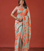 Sea green silk embroidered sequins work heavy look ethnic saree with blouse
