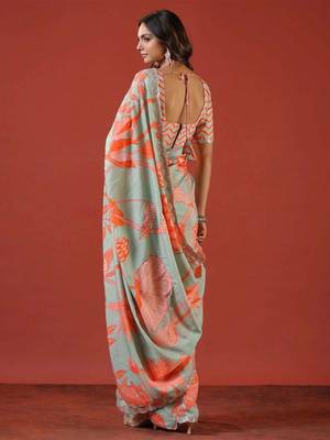 Sea green silk embroidered sequins work heavy look ethnic saree with blouse 2