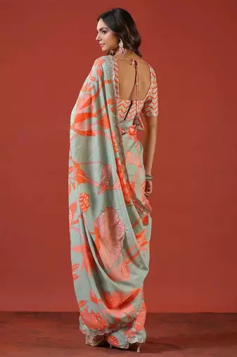 Sea green silk embroidered sequins work heavy look ethnic saree with blouse