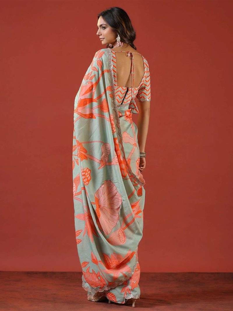 Sea green silk embroidered sequins work heavy look ethnic saree with blouse