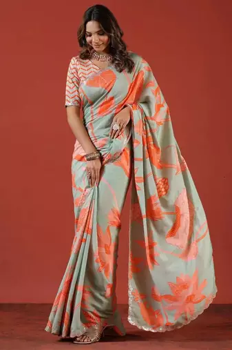 Sea green silk embroidered sequins work heavy look ethnic saree with blouse