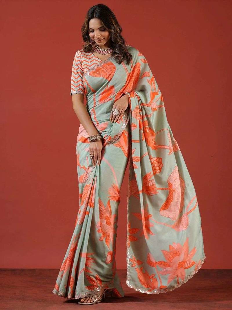 Sea green silk embroidered sequins work heavy look ethnic saree with blouse
