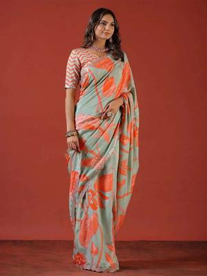Sea green silk embroidered sequins work heavy look ethnic saree with blouse 4