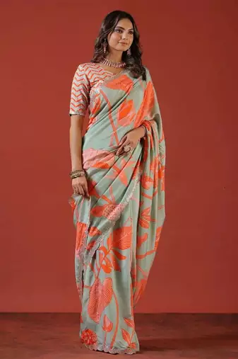 Sea green silk embroidered sequins work heavy look ethnic saree with blouse