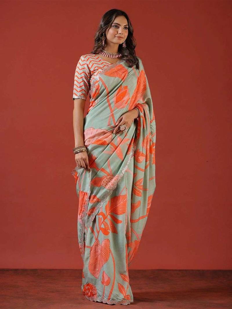 Sea green silk embroidered sequins work heavy look ethnic saree with blouse