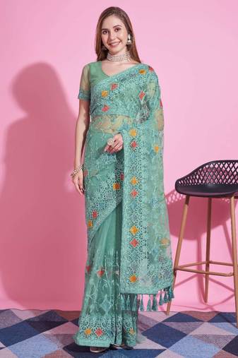 Green net embroidered thread work heavy look ethnic saree with blouse