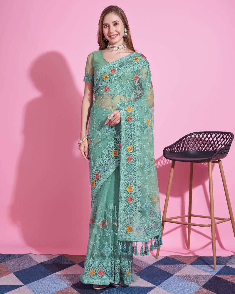 Green net embroidered thread work heavy look ethnic saree with blouse