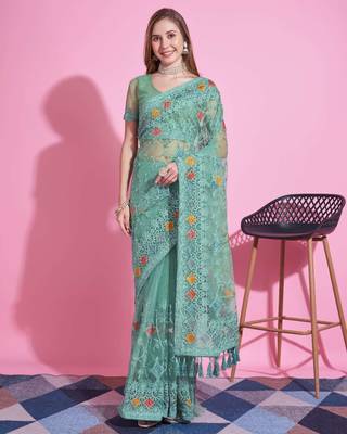 Green net embroidered thread work heavy look ethnic saree with blouse 1