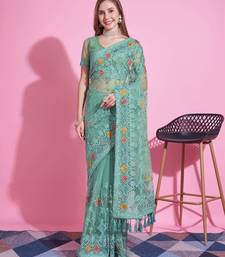 Green net embroidered thread work heavy look ethnic saree with blouse