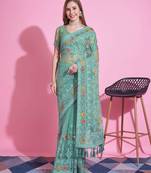 Green net embroidered thread work heavy look ethnic saree with blouse