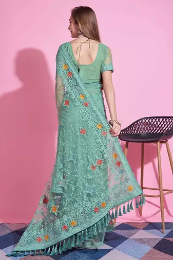 Green net embroidered thread work heavy look ethnic saree with blouse