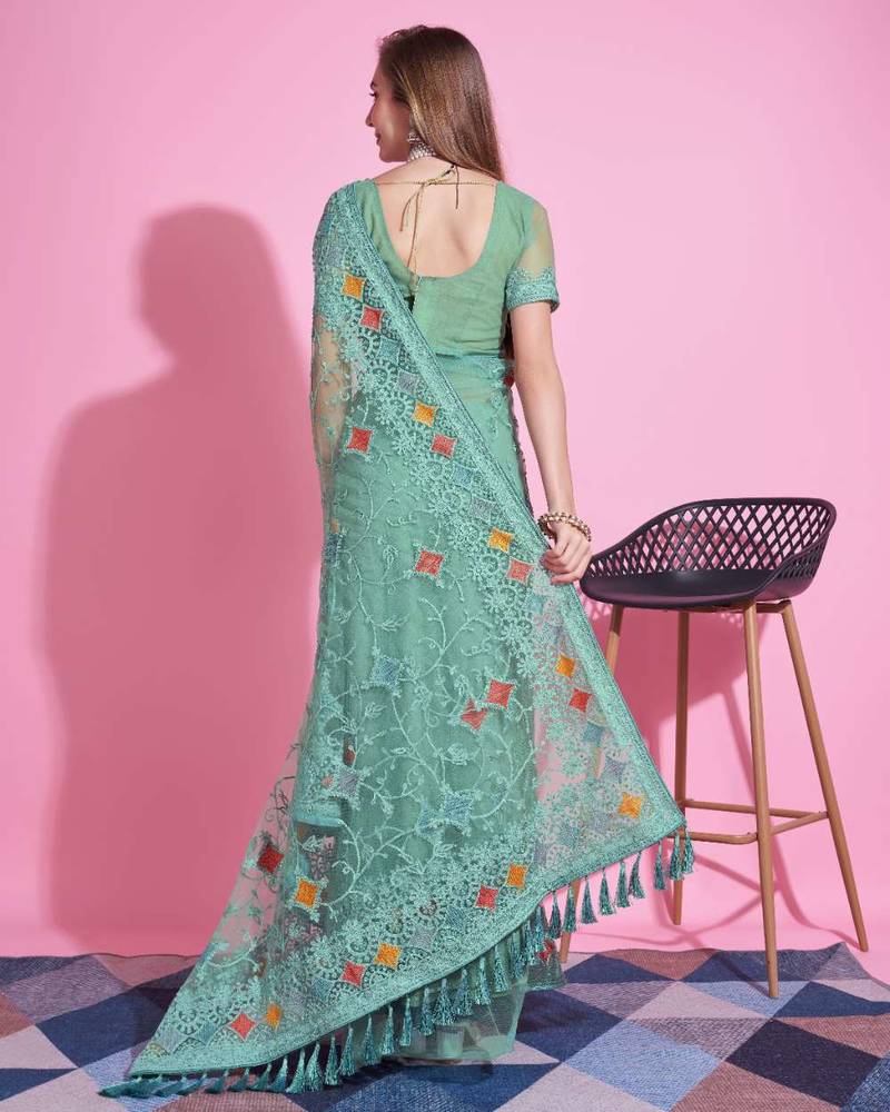 Green net embroidered thread work heavy look ethnic saree with blouse