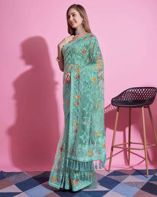 Green net embroidered thread work heavy look ethnic saree with blouse 3
